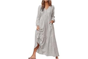 ZEIAYUAS Boho Maxi Dresses for Women UK Cotton Linen Dress Long Sleeve V Neck Shirt Dresses with Pocket Ladies Elegant Party Long Dresses Beach Cover Up Solid A-line Swing Dress
