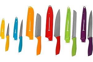 GERS EQUIPEMENT Pradel Héritage, cuchillo de cocina, juego de cuchillos de cocina, 12 piezas, 6 cuchillos + 6 fundas protectoras, cuchillas de acero inoxidable, mangos de color , multiusos.