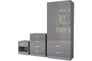 Nera High Gloss Bedroom Furniture Set 3 Piece Set Wardrobe with Drawers Chest of Drawer Bedside Table Bedroom Storage (Gloss Grey(Matt Grey))