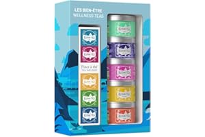 Kusmi Tea - Pack de Regalo con Cesta de Té Orgánico y Colador - Té Verde, Infusiones, Détox - Sabores Icónicos - Hojas Sueltas - 5 Latas de 25 g