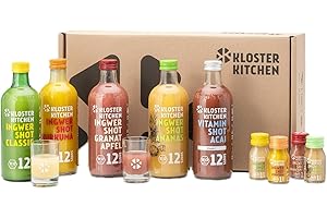 ‎KLOSTER KITCHEN Kloster Kitchen Bio Ingwer Shot Probierset L I 5 Sorten 5x 360 ml + 5x 30 ml mit echten Ingwerstückchen I Geschenkset Ingwershot vegan I süß-scharf & mit natürlicher Süße (inkl. 1,25€ EINWEG Pfand)