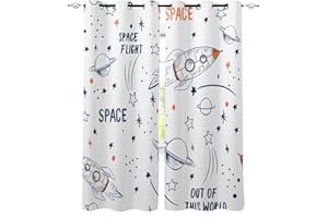 SDSONIU Rocket Flying Cartoon Universum Weltraum weiße Vorhänge Wohnzimmer Schlafzimmer Vorhänge Kinderzimmer Vorhänge Vorhang Blickdicht - Fenster-Behandlung 200 x 214 cm