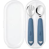 CUBKINS Gentle-Bite 304 Stainless Steel Toddler Spoon and Fork Set with Travel Case, Silicone Handles, Self-Feeding Cutlery f