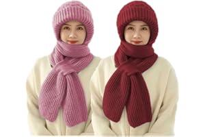 YJWZ Integrierter Gehörschutz Winddichte Mütze Schal,2 in 1 Winddichter Mützenschal Niedlich Mütze Schal Set Damen mit Brosche Winter Warm Strickmütze, Kapuzenschal für Frauen
