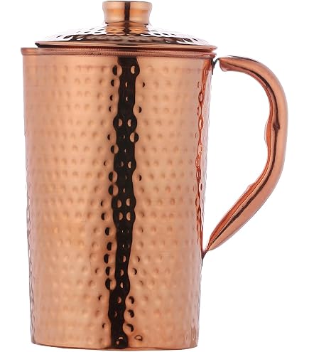 Hygge Brocca In Rame Massiccio Fatta A Mano Con Coperchio E Bicchiere Incluso - 950 Ml + 150 Ml, Surahi Martellata