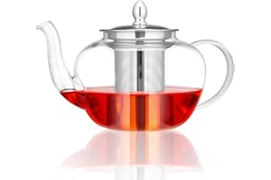 Spring Chef Transparent Round Glass Tea Pot 1000ML/35.19OZ, Durable Infuser Teapots for Loose Tea, Borosilicate Glass Teapot with Infuser