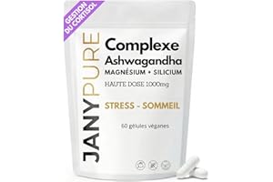 JANYPURE Cortisol Manager Ashwagandha COMPLEXE 1000mg gélules Cure detox balance Cortisole traitement 1 Mois Régulation Stress Test Anxiété Sommeil Plante Anti-Stress Perte de Poids 60 Gélules Sans Gluten
