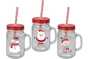 Invero® 3X Set of Christmas Design Drinking Glass Jar Mugs with Handle Screw Top Tin Lid and Straw