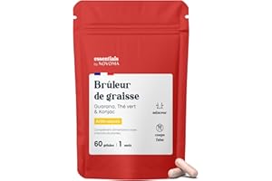 Bruleur de Graisse Puissant, Formule Minceur avec Guarana, Thé Vert & Konjac, Coupe Faim Naturel, Complément Perte de Poids, Cure de 1 mois, 60 Gélules, Fabriqué en France, Essentials by Novoma