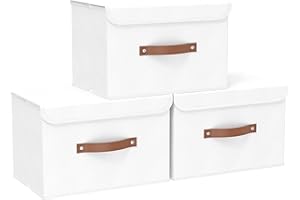 Yawinhe 3 Pezzi Scatole Portaoggetti con Coperchio, Cestino Pieghevole con Manico, Organizzatore Scaffale Armadio, per Armadio, Vestiti, Libri, 45x30x30cm, Bianco, SNK018WL-L