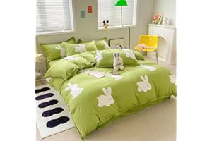 Koudi Mädchen Bettwäsche 135x200 Grün Weiß Hase Motiv Kinderbettwäsche Mikrofaser Häschen-Muster Bettbezug mit Kissenbezug 80x80 cm