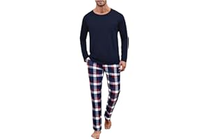 Uniexcosm Pijama de Hombre Manga Larga con Bolsillo Ropa de Casa de Cuello Redonde Cuadros Algodón Suave para Casual Hogar