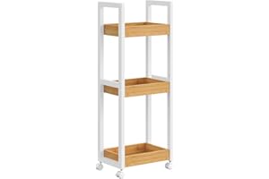 ‎SONGMICS SONGMICS Rollwagen, Badregal, Badezimmerregal mit 3 Ebenen, Nischenregal Bambus, Regal schmal, Nischenwagen auf Rollen, platzsparend, 20 x 30 x 80 cm, weiß-naturfarben BCB083N02