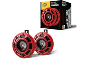 HELLA Signal Horn - PERFORMANCE HORN B133 SET - 12V - 118dB(A) - Frequency Range: 300/500Hz - Low Tone/High Tone - Electric - Housing Colour: Red/Black - Quantity: 2 - 3AG 003 399-801