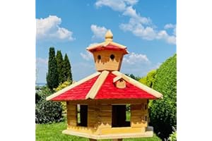 DARLUX Mangiatoia per uccelli fatti a mano, XXL, altezza 60 cm, diametro 75 cm, mangiatoia esagonale, in legno, casetta per uccelli, naturale/rosso