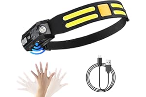 XWUX Torcia Frontale Led Ricaricabile, Con Sensore Di Movimento, 230°Angolo Ampio, 5 Modalità Di Illuminazione, Adatta Per Campeggio, Corsa, Pesca, Escursionismo, Lavoro All'Aperto (6104)