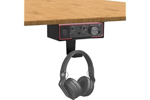 FSNIWEKO Under Desk Mount for Focusrite Scarlett Solo 3rd Gen/Solo 4rd Gen with Headphone Hanger Stand,Under Desk Metal Shelf Organizer for Audio Interfaces and Studio Gear (Black Holder Only)
