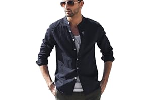 LVCBL Męskie koszule lniane na co dzień z długim rękawem kołnierz letnia luźna koszula Henley M-3XL