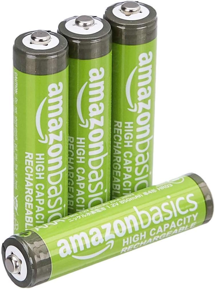Amazon Basics paquete de 4 pilas AAA NiMH recargables de alta capacidad, 850 mAh, 1,2 V, se recargan hasta 500 veces, precargadas