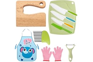 MINISOISO Cuchillos de Cocina para Niños, 10 Piezas Juego de Cuchillos para Niños, Cuchillos Montessori Seguros para Cortar Frutas o Verduras, Incluye Delantal de Cocina, Tabla de Cortar, Pelador