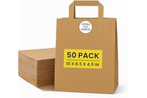 ASK PACKAGING Brown Kraft Paper Bags with Handles – 50 Medium Recyclable Biodegradable SOS Carrier Bag (10" x 8.5" x 4.5") | Eco-Friendly, Strong Takeaway, Grocery, Shopping, Lunch, Party & Gift Bags for Catering