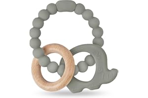 Vicloon Teething Toys for Baby, Silicone and Wood Teether, Baby Teether Toys Teether Chew Toy, Easy to Hold and Clean Up, Octopus Teething Toy Silicone chewlery for Boys&Girls (Green-Grey)