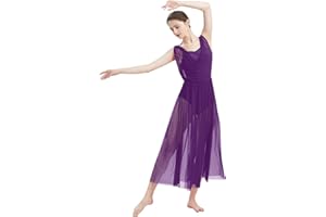 FYMNSI Adult Women Lyrical Dance Costume Modern Contemporary Dancewear V-Neck Backless Split Mesh Tulle Long Skirt Flowy Overlay Dress Stage Performance Clothing