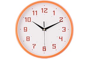 Topkey Reloj de pared redondo silencioso de 9 pulgadas de estilo moderno sin tictac, decorativo, dormitorio, oficina, estudio, cocina, reloj de pared, naranja