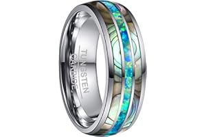 NUNCAD Men's/Women's Wedding Rings with Opal and Abalone Shell Inlay Silver Tungsten Carbide Rings Comfort Fit Size N½ to Z+3