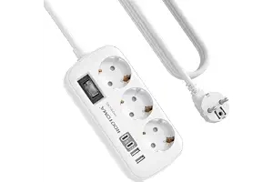 Regletas Enchufes con USB, Protección Sobretensión, 3 Tomas con Interruptor | Protección Contra Sobrecarga, 2 USB C y 2 USB A (5V/3,1A), Cable 1,5m, Ideal para Viajes y Hogar, 16A/250V