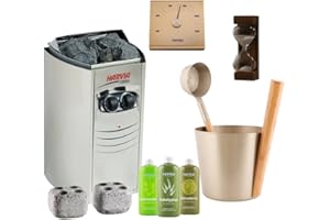 HARVIA KIT Sauna Poêle Électrique Harvia Vega Compact Kit: BC35; Rento Seau, louche et thermomètre en aluminium; Sablier 15min; Pierres à vapeur; Rento Sauna Arôme 400ml x3: Bouleau, Résine, Eucalyptus