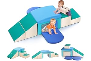 AOYKKII 6 Piece Climb and Crawl Activity Play Set, Soft Play Set for Toddlers 1-3 - Climbing Toys - Baby Climbing Gym Foam - with Slide Stairs and Tunnel (6Pcs-Bluewhite)