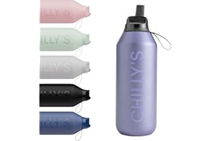Chilly's Series 2 Flip Water Bottle with Sports Lid - Vacuum Insulated Stainless Steel Water Bottle with Straw, Carry Loop, & Cleaning Brush - No Sweat