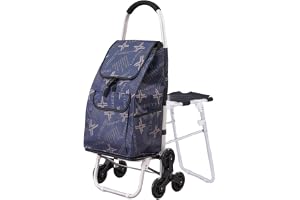 FORRTY Aluminium Hopfällbar Shoppingvagn Med Stol, Kompakt Hopfällbar Trappklättrande Kundvagn För Seniorer, Kapacitet 100kg, Rullande Handvagn, Hopfällbar Trolley Väska(Blå,3 wheel)