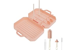 Adorila Travel Bottle Brush Set with Stand, Portable Bottle Cleaner Kit with Silicone Bottle Brush, Drying Rack, Nipple Brush, Straw Brush, Soap Dispenser (Pink)