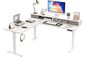 Agilestic Elektryczne biurko stojące w kształcie litery L z 2 szufladami, 160 cm Ergonomiczne biurko z regulowaną wysokością i schowkiem, narożne biurko do domowego biura, biały