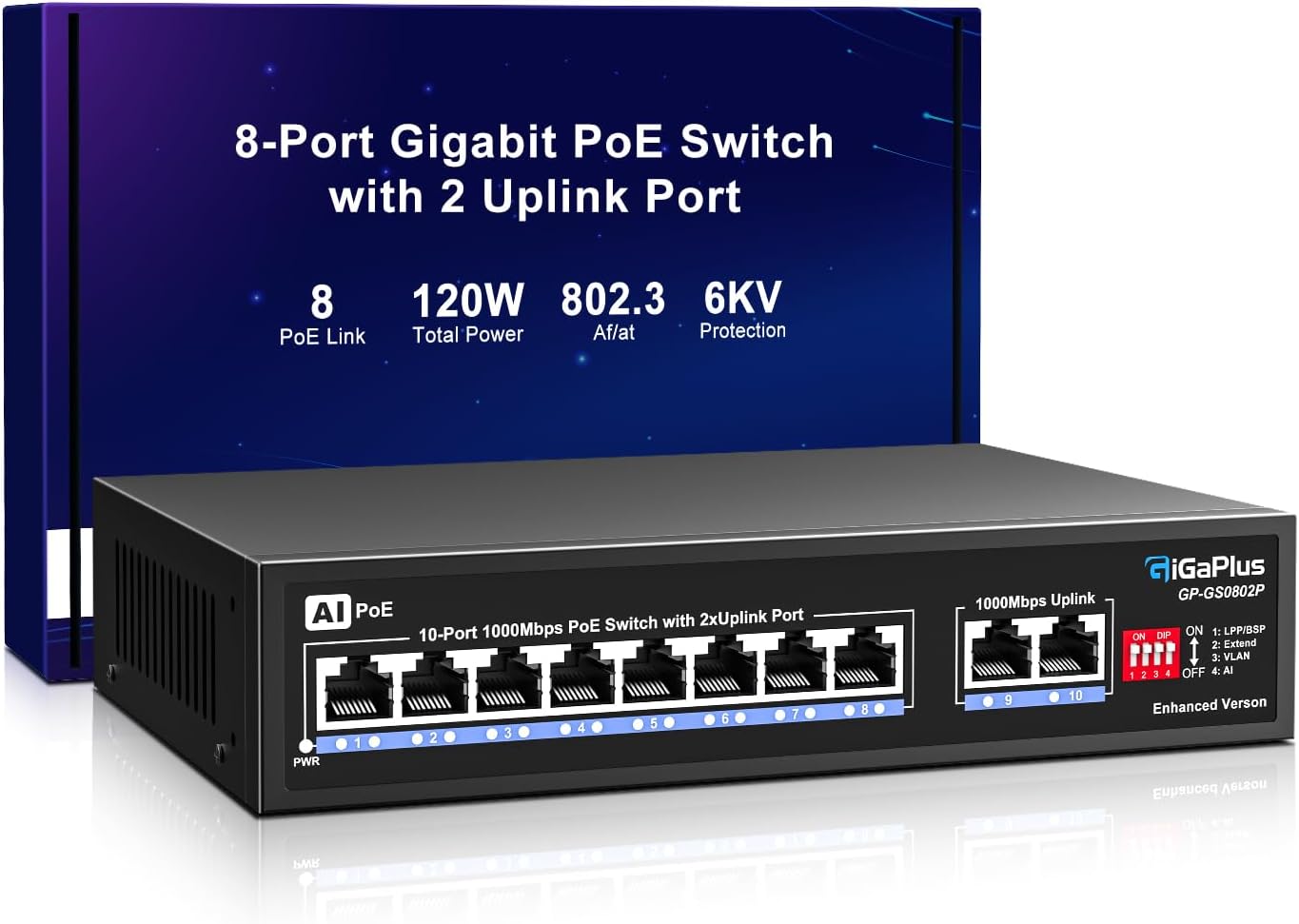 10 Port Gigabit PoE Switch with 8 Port PoE+ 1000Mbps, 2x1000Mbps Uplink, GiGaPlus 10 Port IEEE802.3af/at PoE @72W, Support VLAN, AI watchdog, Metal Housing, Desktop or Wall-Mount, Plug & Play