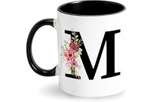 Tarklanda Tazze con Iniziale Tazza da caffè Tazza Personalizzata con Lettere Floreale Tazza in Ceramica Nera Tazza Nome Iniziale Regali Personali per Donne per Natale, Compleanno, San Valentino (M)