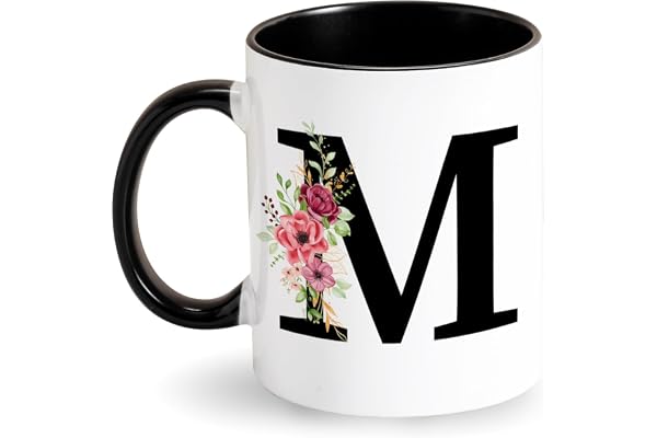 Tasse à café personnalisée avec initiale - Lettre en céramique - Tasse noire avec fleurs et alphabet - Cadeau pour femme, petite amie, épouse, pour anniversaire, Saint-Valentin, fête des mères (M)