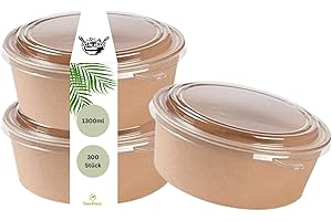 DeinPack Lot de 300 saladiers à emporter avec couvercle marron rond 1300 ml I Bol à salade en carton kraft avec revêtement intérieur PLA I Couvercle en PET recyclé