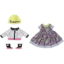 BABY born Deluxe Scooter Outfit, buntes Puppenkleid mit Jacke, Mütze und Stiefeln für 43 cm
