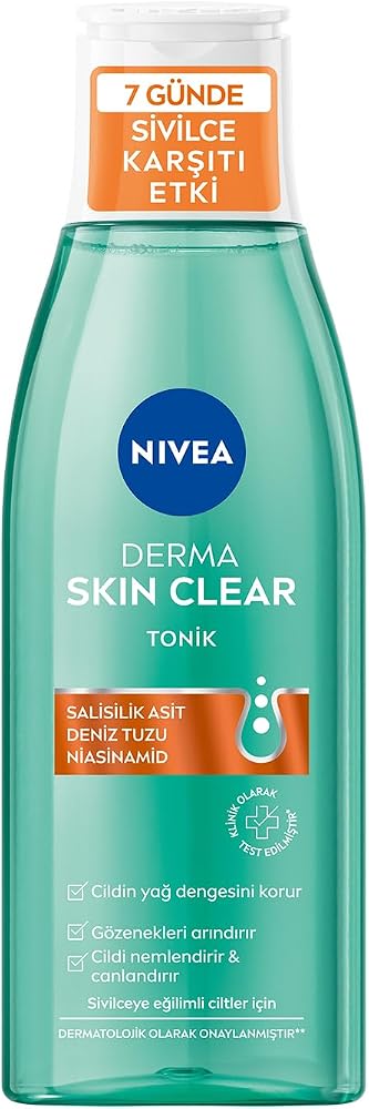 NIVEA Derma Skin Clear Sivilce Karşıtı Tonik 200ml,Gözenek Arındırıcı,Cildin Yağ Dengesini Korur,Nemlendirir,Salisilik Asit (BHA) Deniz Tuzu, Niasinamid,Sivilceye Eğilimli Ciltler