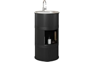 COXZD Lavandino a Colonna Moderno in Ferro Battuto, Mobile da Bagno con Lavabo in Acciaio Inox, Lavandino su Piedistallo Freestanding Set con Rubinetto e Scarico (con contenitore,nero)