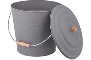 ‎RELAXDAYS Relaxdays Kosz na popiół z pokrywką, 12 litrów, wiadro kominkowe, stal i drewno, pojemnik na popiół z uchwytem, kominek, piec i grill, szary