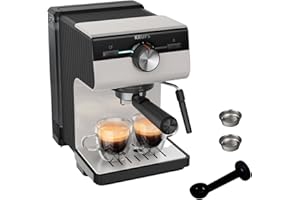 Krups Authentic, Cafetera Espresso Manual, 15 bares de presión, Espumador de leche, Ajuste Manual, Cuchara Medidora y Compactadora, depósito de 2 L de capacidad, Inox, XP381B