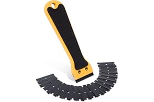 FOSHIO Raschietti in plastica per rasoi a manico lungo multiuso con adesivo antiscivolo EVA con 20 lame in raschietto in plastica, raschietto pulizie adesivo per decalcomanie giallo