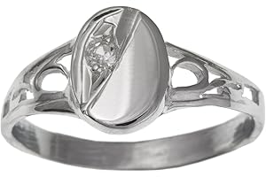 DESIGNER INSPIRATIONS BOUTIQUE Childrens/Childs/Girls White/Clear Cubic Zirconia (CZ) Set Oval Sterling Silver Signet Ring With Cut-Out Shoulders - Engravable
