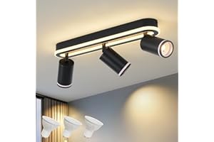 SANSHI Deckenleuchte 3 Flammig LED,Schwenkbar 350°Deckenstrahler,Deckenlampe mit unteres Glühen 27W+3x5W GU10 Spots,Modern Deckenspot Strahler 3000K Warmweiß,Spotlight Lampe für Wohnzimmer,Schwarz