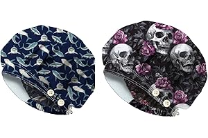 DELORIGIN 2PCS Skeleton Shark Scrub Caps with 4 Buttons Cotton Nurse Cap Elastic Surgical Hats with Sweatband Chef Bouffant Scrub Cap for Women Men Vet Nurse Cook Cleaning Head Cover One Size Fits All