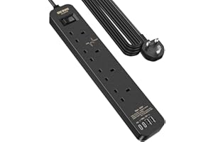 SE UKASE Extension Lead Power Strip Tower, 4 Way Socket 1200 Surge Protection with 4M /13.12FT Long Extension Cord Multi Plug 2990W Safety Shutter for TV PC Laptops Tablets